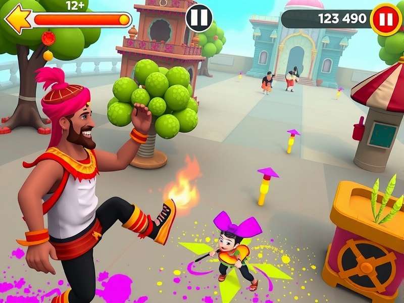 Holi Quick Rush gameplay screenshot showing colorful festival environment
